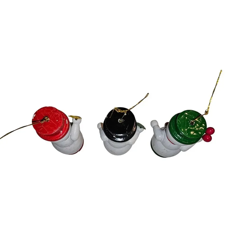 Vintage Set of 3 Hand Painted Wooden Snowman Ornaments Look Red Green Black Hats